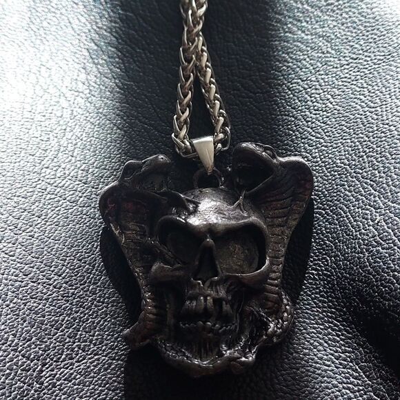 Skull Double Snake Stainless Steel Unisex Pendant Necklace - Picture 8 of 9